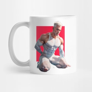 Handsome and muscular kneeling nordic mature man in white compression suit Mug